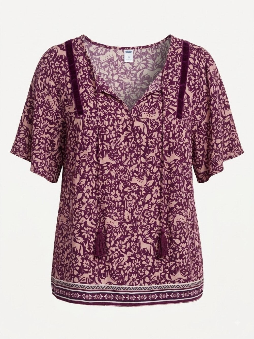 Old Navy Boho Floral Animal Print Tassel Blouse XL